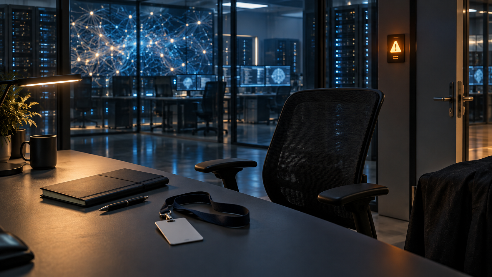Original editorial illustration of an empty AI research desk beside a secure server laboratory