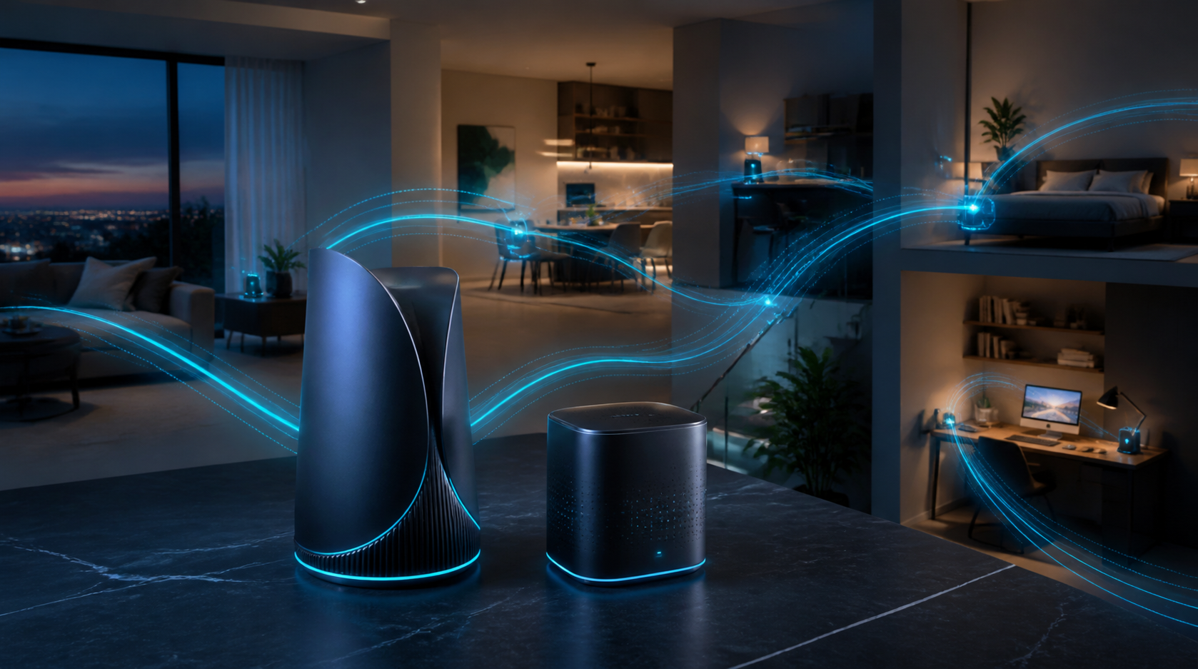 Concept illustration of next-generation Wi-Fi 8 router and mesh networking in a modern home